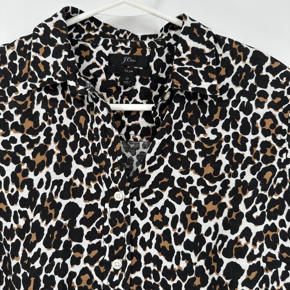 J Crew Shirt Womens 0 Leopard Print Linen Cotton Button Front Slim Preppy - Picture 2 of 10